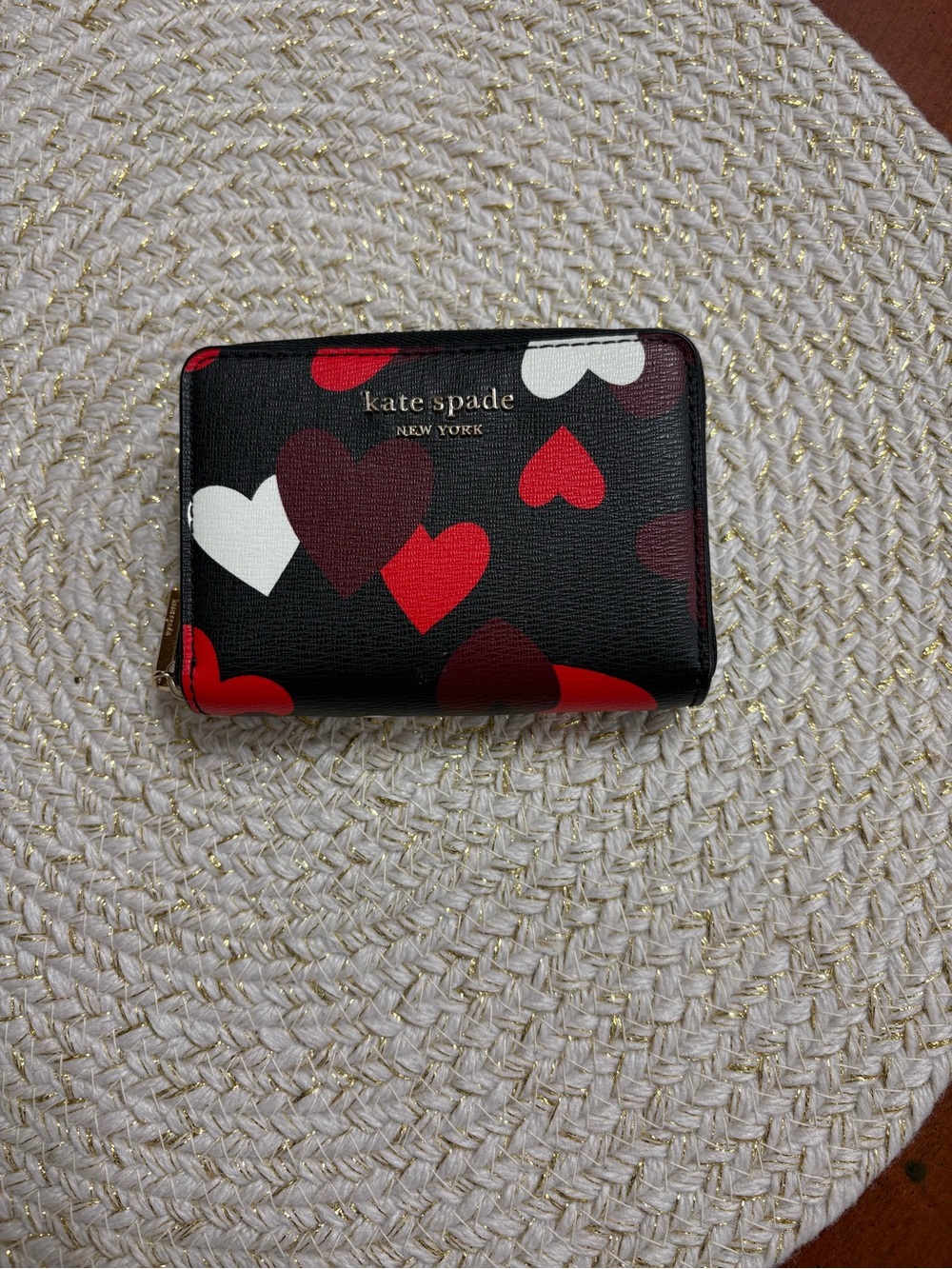 kate spade Black Heart Zip Around Card Wallet with Red and White Hearts